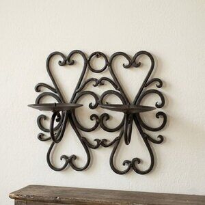 Wrought Iron Wall Sconce Candle Holder Double Pillar Heart Scrollwork Black